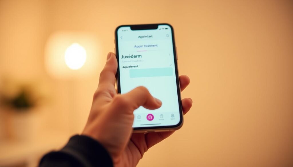 A well-lit, close-up photograph of a person's hand holding a smartphone displaying a calendar app with an appointment scheduled for "Juvéderm treatment" at Capri Med Spa. The image has a clean, professional aesthetic with a warm, inviting color palette. The background is blurred, placing the focus on the hand and the calendar app. The lighting is soft and diffused, creating a pleasant, calming atmosphere. The composition is balanced, with the hand and smartphone centrally positioned. The angle is slightly elevated, giving a sense of authority and expertise.