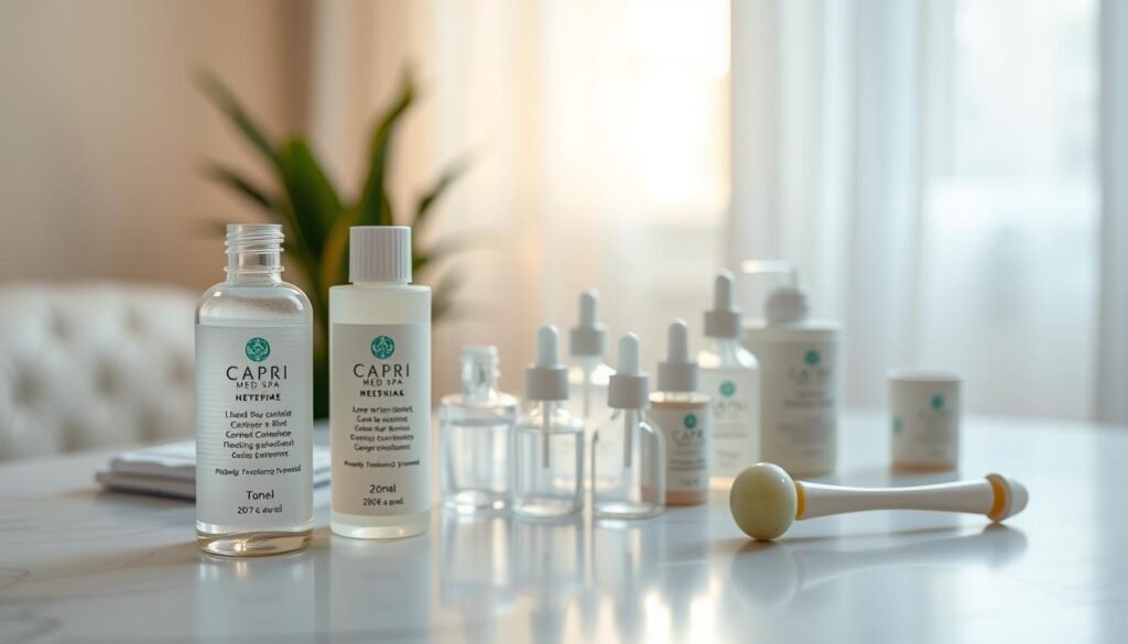 A well-lit, high-resolution closeup of a clean, organized table surface displaying an array of acne treatment products in pastel-colored packaging. In the foreground, a Capri Med Spa-branded bottle of cleanser, toner, and moisturizer stand prominently. In the middle ground, an assortment of small glass jars, pipettes, and a jade facial roller create a sense of professional, spa-like preparation. The background features soft, diffused lighting emanating from a window, casting a warm, inviting glow over the scene. The overall mood is one of calm, focused intention and the promise of effective, personalized acne treatment at Capri Med Spa.