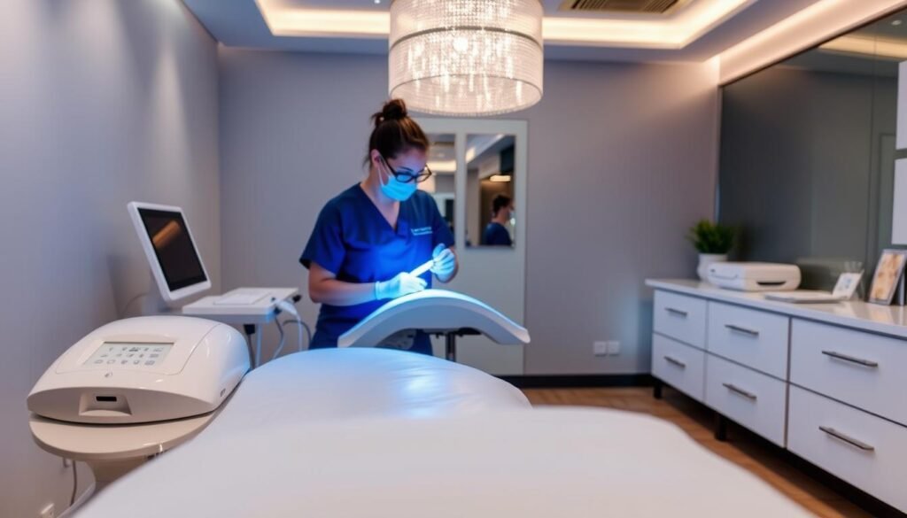A well-lit, professional setting at Capri Med Spa showcasing their black spot removal services. The foreground features a clean, modern treatment table with high-quality medical equipment. The middle ground shows a clinician in scrubs performing a non-invasive treatment on a patient's skin, highlighting the expertise and care taken. The background depicts a sleek, minimalist aesthetic with soft lighting, reflecting the spa's commitment to safety and hygiene. The overall scene conveys a sense of trust, professionalism, and the effectiveness of Capri Med Spa's black spot removal procedures.