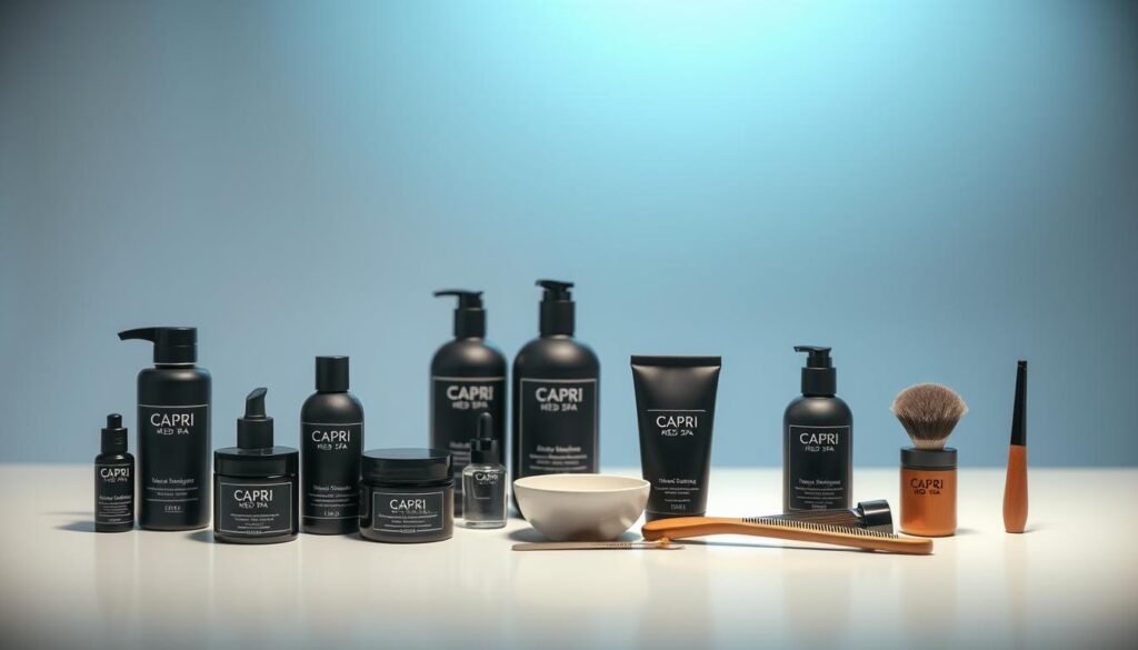 A well-lit studio scene showcasing a selection of high-quality men's skincare products from the Capri Med Spa brand. In the foreground, an assortment of sleek, minimalist bottles and jars featuring a cohesive, masculine design aesthetic. The middle ground features a clean, white countertop with neatly arranged grooming tools like a brush, comb, and a small bowl. The background has a soft, blurred gradient in calming shades of blue and gray, creating a professional, spa-like ambiance. The lighting is subtle and directional, highlighting the textures and details of the products. The overall mood is one of sophistication, relaxation, and a commitment to personal care.