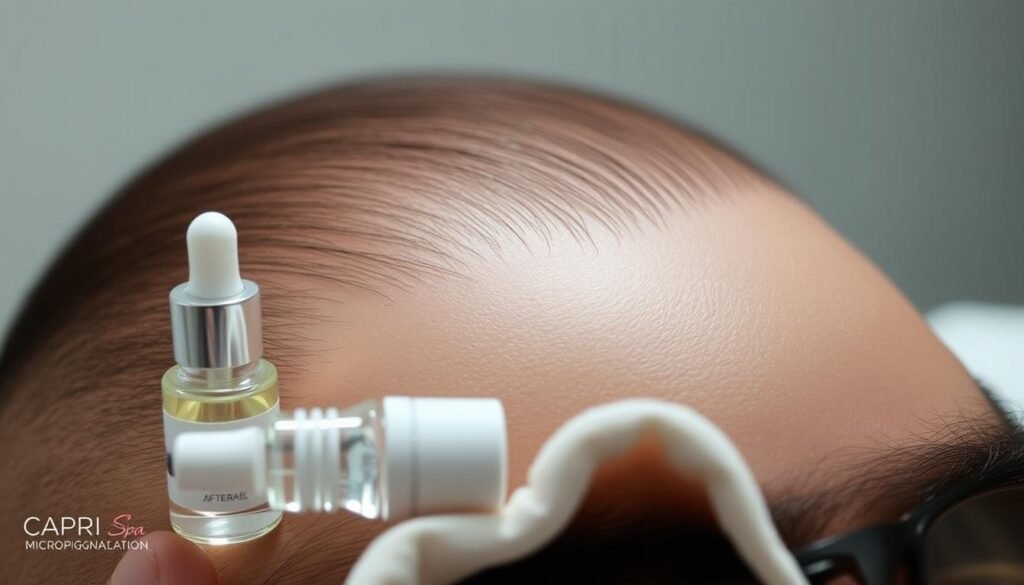 Close-up view of scalp with Capri Med Spa's scalp micropigmentation aftercare routine. Soft lighting illuminates the freshly treated scalp, revealing a natural, well-blended hairline. The skin appears healthy and hydrated, with a subtle sheen. In the foreground, a small bottle of aftercare solution and a soft, clean cloth are arranged neatly, conveying the importance of proper maintenance. The overall mood is serene and attentive, reflecting the care and attention required for long-lasting, natural-looking results.