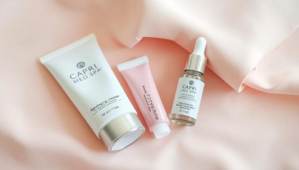Closeup shot of a variety of Capri Med Spa lip blush aftercare products arranged on a soft, neutral-colored background. The products include a gentle lip cleanser, a hydrating lip balm, and a nourishing lip serum, all in minimalist, pastel-colored packaging. Soft, diffused lighting highlights the textures and materials, creating a calming, spa-like atmosphere. The overall composition emphasizes the soothing, rejuvenating nature of the aftercare items, reflecting the care and attention required for the lip blushing treatment.