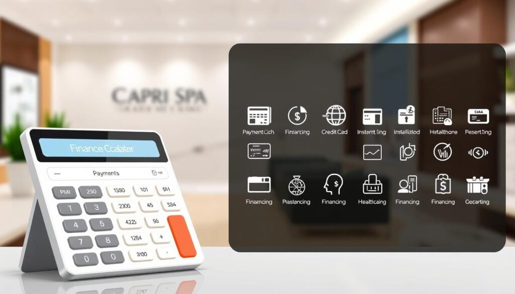 Detailed digital illustration of different financing options for scalp micropigmentation treatment at Capri Med Spa. In the foreground, a sleek and modern finance calculator displays various payment plans. The middle ground showcases a range of icons representing different financing methods, such as credit cards, installment loans, and healthcare financing. The background features a soft, blurred scene of the Capri Med Spa facility, conveying a sense of professionalism and high-quality service. The overall composition and color palette evoke a clean, sophisticated, and trustworthy atmosphere for the financing options available.