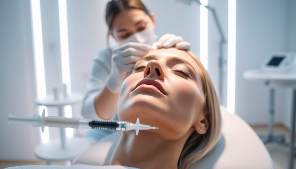 Facial rejuvenation treatments at Capri Med Spa: a serene, well-lit studio with soft, diffused lighting highlighting the model's skin. In the foreground, a syringe filled with dermal filler, casting a subtle shadow. In the middle ground, the model reclines, eyes closed, as a medical professional administers the treatment. The background features minimalist, clean-lined medical equipment, conveying a sense of professionalism and care. The overall atmosphere is one of tranquility and trust, inviting the viewer to imagine the transformative effects of the combined dermal filler and rejuvenation therapies.