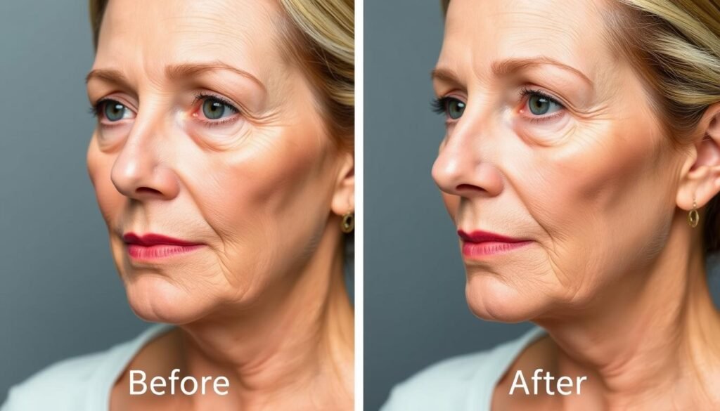 High-resolution, photorealistic images of before and after shots of a patient's face, showcasing the results of Sculptra treatment at Capri Med Spa. The before image depicts a mature, subtly aged face with mild volume loss and fine lines. The after image reveals a rejuvenated, more youthful appearance with restored facial volume and smoothed texture. The images are captured in a well-lit, clinical setting with a neutral background, providing a clear view of the transformative effects of the Sculptra procedure. The lighting is soft and flattering, accentuating the natural contours of the face. The camera angle is slightly angled to highlight the three-dimensional changes in the patient's features.
