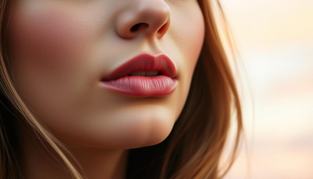 Lip Blushing Altadena - close-up portrait of a woman's lips, delicately flushed with a natural, long-lasting tint. Warm, diffused lighting accentuates the subtle sheen and plump contours. Soft focus on the lips, with a slightly blurred, dreamy background of lush greenery and pastel sky. The model's expression is serene, highlighting the beauty of the Capri Med Spa's lip blushing treatment. Captured with a medium-format film camera, providing a timeless, ethereal quality to the image.