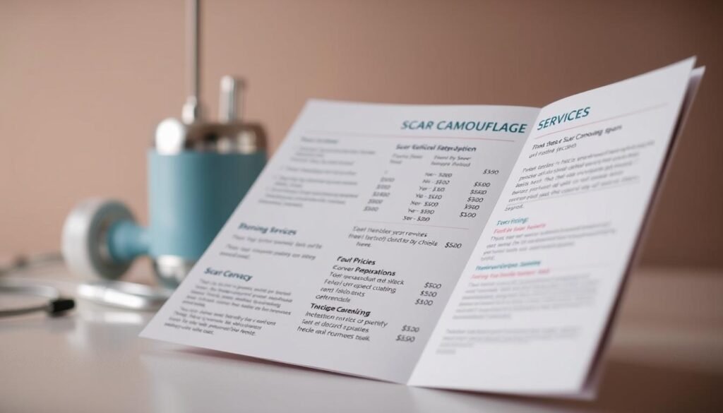 Prompt A close-up image of a Capri Med Spa brochure displaying various scar camouflage services and their costs. The brochure is set against a soft, diffused lighting, creating a warm and professional atmosphere. The foreground features the open brochure, showcasing detailed pricing information and service descriptions. The middle ground includes subtle blurred medical equipment or related accessories, hinting at the clinical expertise behind the services. The background is a slightly out-of-focus, neutral-toned setting, allowing the brochure to take center stage. The overall composition conveys a sense of trust, transparency, and the high-quality nature of the Capri Med Spa's scar camouflage offerings.