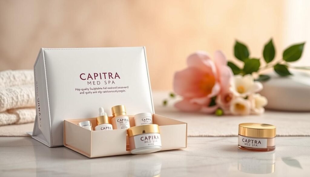 Sculptra aftercare tips: a vibrant, photorealistic image showcasing the essential steps for post-treatment care. In the foreground, a Capri Med Spa-branded skincare kit lies open, revealing high-quality Sculptra recovery products. The middle ground features a serene, spa-like setting with soft lighting and soothing textures, setting the mood for relaxation and rejuvenation. In the background, a tasteful floral arrangement adds a touch of natural beauty, complementing the overall tranquil atmosphere. The image conveys a sense of professionalism, expertise, and the Capri Med Spa's commitment to guiding patients through a smooth Sculptra recovery process.