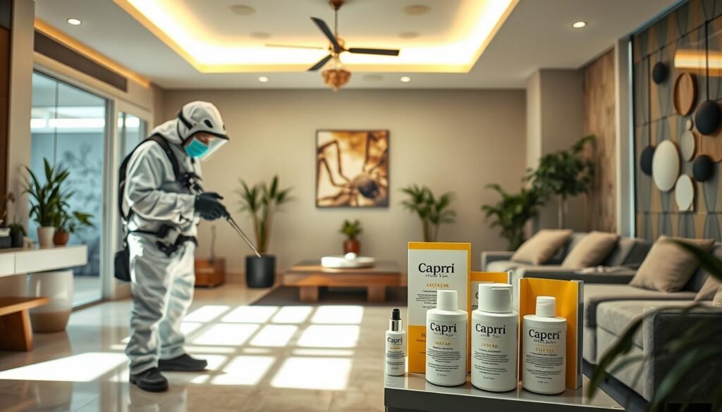 Toluca Lake spider removal services at Capri Med Spa. A spacious, brightly lit interior with modern decor and soothing earth tones. In the foreground, a professional exterminator in protective gear meticulously inspects a client's home for any signs of spider infestations, using specialized tools and equipment. The middle ground features a display of Capri Med Spa's spider removal treatments and product offerings, showcasing their expertise and commitment to providing effective and safe solutions. The background highlights the serene, tranquil atmosphere of the spa, creating a welcoming environment for those seeking relief from unwanted arachnid guests.