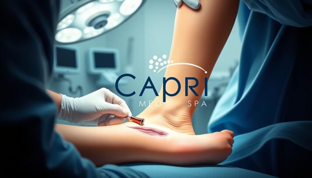 a highly detailed medical illustration of varicose vein removal surgery, featuring the Capri Med Spa brand logo prominently displayed. The foreground depicts the surgical procedure, with a skilled surgeon carefully extracting a varicose vein from the leg. The middle ground shows the patient's leg, with the incision site and surrounding skin clearly visible. The background features a sterile, well-lit medical environment, with equipment and tools used in the procedure. The overall scene conveys a sense of professionalism, expertise, and care, reflecting the Capri Med Spa's reputation for providing high-quality spider vein removal services.