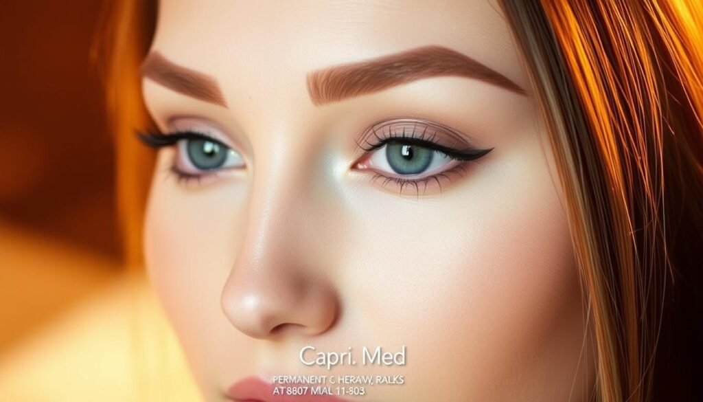 A beautifully lit close-up of a woman's face, showcasing expertly-applied permanent makeup from Capri Med Spa in Sherman Oaks. The brows are perfectly shaped and filled in with a natural, powdery effect. The eyes are subtly accentuated with a soft, smudged eyeliner that enhances the gaze. The lighting is warm and flattering, creating a serene and confident expression. The background is blurred, placing the focus entirely on the refined, long-lasting cosmetic results. This image reflects the high-quality, confidence-boosting treatments offered at Capri Med Spa in Sherman Oaks.