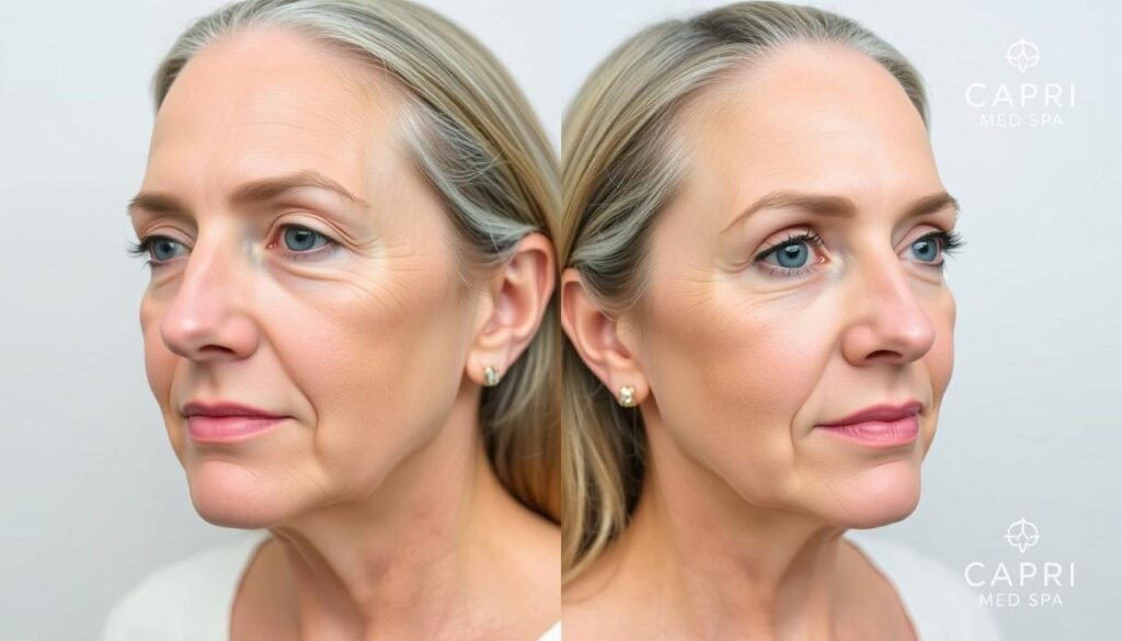 A before and after comparison image showcasing the transformative effects of temple fillers. In the "before" shot, the temples appear hollow and sunken, aging the subject's appearance. The "after" shot reveals a rejuvenated look, with the temples filled out and providing a more youthful, refreshed profile. The lighting is soft and flattering, captured with a medium-length lens to accentuate the facial features. The background is a clean, minimalist studio setting, allowing the subject to be the central focus. The Capri Med Spa logo subtly appears in the corner, establishing the provider of these aesthetic treatments.
