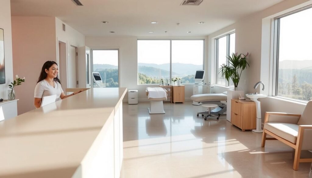 A bright, airy interior of the Capri Med Spa in Studio City, showcasing their top scar removal services. The foreground features a sleek, modern reception desk, with a smiling receptionist greeting a patient. In the middle ground, several private treatment rooms are visible, each with state-of-the-art equipment and soothing decor. The background depicts a serene, natural landscape visible through large windows, creating a calming atmosphere. Soft, diffused lighting illuminates the space, highlighting the clinic's clean, professional aesthetic. The overall mood evokes a sense of trust, comfort, and confidence in the Capri Med Spa's ability to provide exceptional scar reduction treatments.