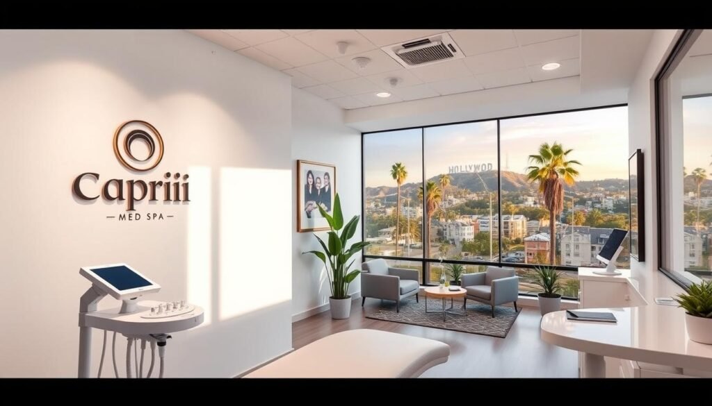 A bright, modern dermal filler studio in Studio City, California. In the foreground, a clean, minimalist treatment room with sleek medical equipment and soothing lighting. A Capri Med Spa logo hangs prominently on the wall. In the middle ground, a serene waiting area with plush seating and calming artwork. The background showcases the vibrant cityscape of Studio City, with palm trees and the iconic Hollywood sign in the distance. The overall atmosphere exudes professionalism, comfort, and a commitment to aesthetic rejuvenation.