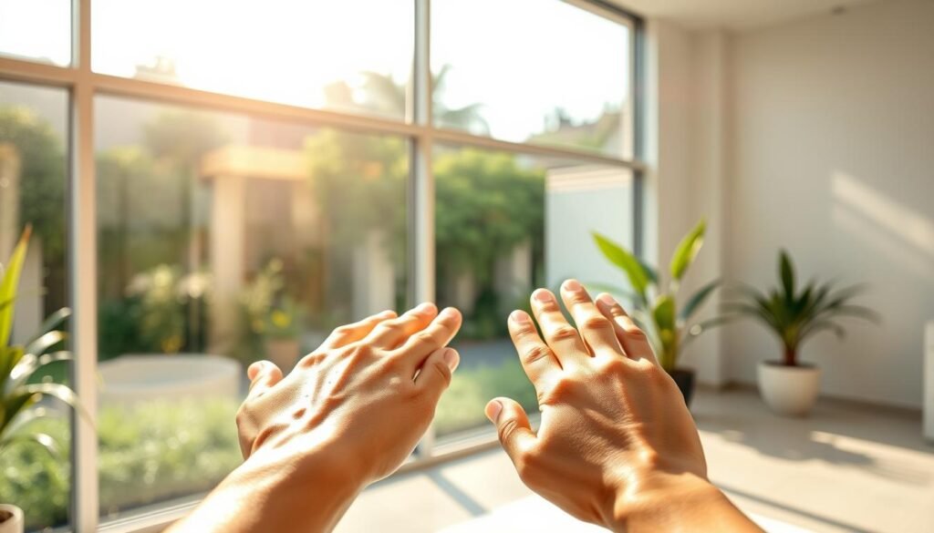 A bright, sun-dappled scene of a serene, modern medical spa in Sherman Oaks, California. In the foreground, a patient's hand is gently applying a soothing cream to their skin, the discoloration and imperfections gradually fading away. Warm, natural lighting filters through large windows, casting a soft glow on the Capri Med Spa's sleek, minimalist interior. The background features lush greenery and a tranquil outdoor space, emphasizing the importance of sun protection and preventative skin care. The overall atmosphere conveys a sense of relaxation, rejuvenation, and the effective treatment of dark spots and uneven skin tone.