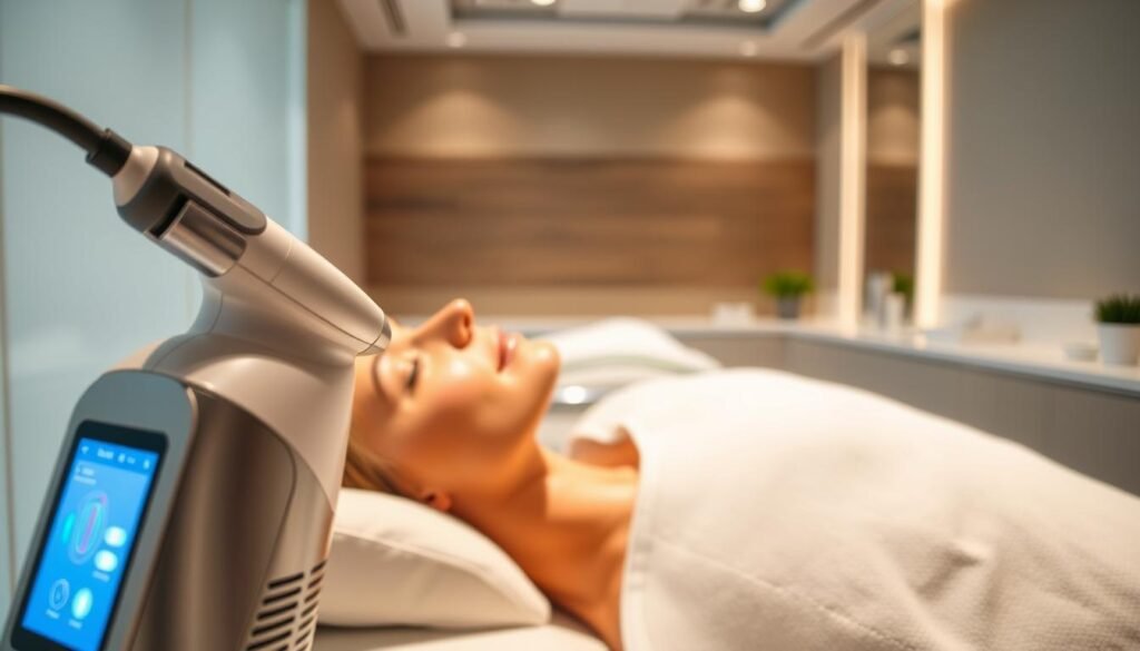A bright, well-lit medical treatment room at Capri Med Spa in Sherman Oaks, featuring a modern microneedling device in the foreground. In the middle ground, a patient reclining comfortably on a padded table, their face prepared for the procedure. The background showcases the spa's sleek, minimalist decor with neutral tones and clean lines, creating a soothing, professional atmosphere. The lighting is soft and diffused, highlighting the patient's skin and the precision of the microneedling tool. The overall scene conveys a sense of expertise, care, and a focus on the patient's comfort and desired skincare outcomes.
