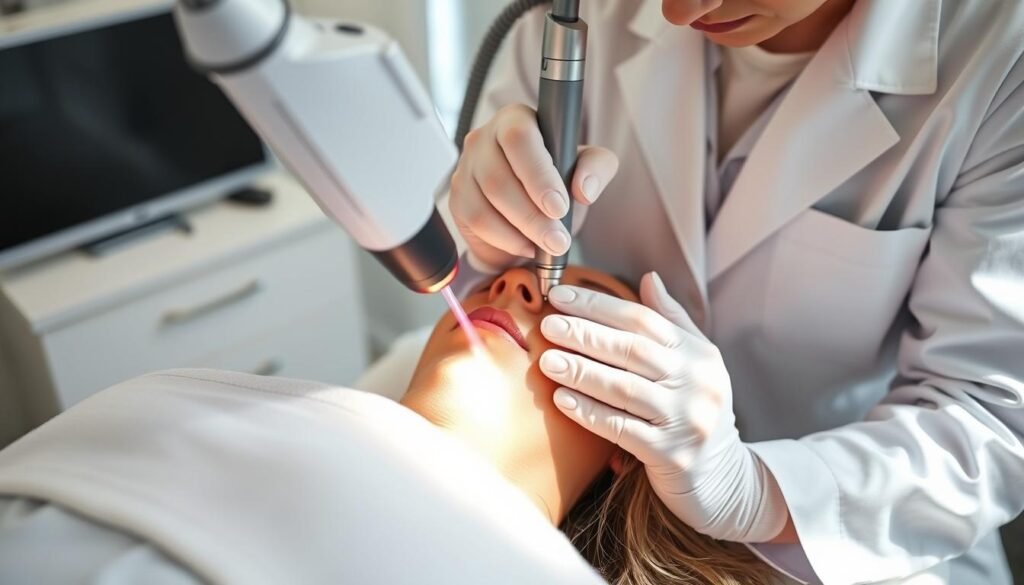 A brightly lit medical treatment room at Capri Med Spa, with a patient reclining comfortably as a dermatologist performs a freckle removal procedure using a specialized laser device. The patient's face is framed in soft, diffused lighting, highlighting the delicate texture of their skin. The dermatologist, in a pristine white coat, is focused intently on the task at hand, their movements precise and confident. The background is subtly blurred, drawing the viewer's attention to the captivating interaction between the patient and the medical professional. An atmosphere of care, expertise, and cutting-edge technology pervades the scene, reflecting the high-quality services offered at Capri Med Spa.