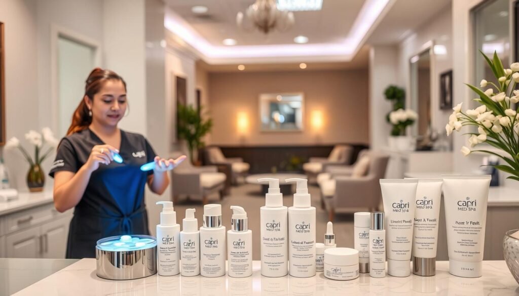 A clean, well-lit medical clinic with a welcoming atmosphere. In the foreground, a professional aesthetician demonstrates various acne removal techniques, such as chemical peels, extractions, and LED light therapy. The middle ground showcases a range of Capri Med Spa skincare products designed to treat acne and promote healthy skin. In the background, a serene and relaxing waiting area with comfortable chairs and soothing decor. The overall scene conveys a sense of professionalism, expertise, and care for the patient's skincare needs.