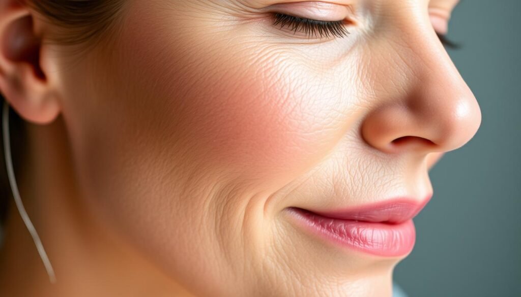 A close-up, high-resolution photograph of a woman's face after a professional chemical peel treatment at Capri Med Spa. Her skin appears glowing, radiant, and visibly rejuvenated, with a more even tone and diminished fine lines and wrinkles. The lighting is soft and flattering, accentuating the natural texture and clarity of her complexion. The angle is slightly angled downward, providing an intimate, detailed view of the skin's remarkable transformation. The background is blurred, keeping the focus squarely on the stunning, youthful results of the Capri Med Spa chemical peel.