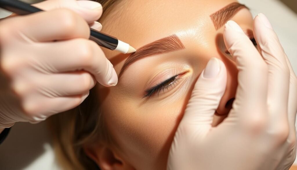 A close-up photograph of a woman's face during a powdered brows procedure at Capri Med Spa. The client's brows are meticulously shaped, with a subtle yet defined arch. The aesthetician's gloved hands are carefully applying a powdery, pigmented brow filler, creating a natural, soft-focus effect. The lighting is warm and directional, casting gentle shadows that accentuate the facial features. The background is blurred, putting the focus solely on the intricate brow-shaping process. The overall mood is one of precision, concentration, and the transformative power of this cosmetic treatment. A close-up photograph of a woman's face during a powdered brows procedure at Capri Med Spa. The client's brows are meticulously shaped, with a subtle yet defined arch. The aesthetician's gloved hands are carefully applying a powdery, pigmented brow filler, creating a natural, soft-focus effect. The lighting is warm and directional, casting gentle shadows that accentuate the facial features. The background is blurred, putting the focus solely on the intricate brow-shaping process. The overall mood is one of precision, concentration, and the transformative power of this cosmetic treatment.
