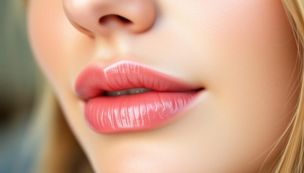 A close-up photograph of a woman's lips, gently blushed and moisturized, showcasing the natural, healthy glow of "Capri Med Spa" lip blushing aftercare. Soft, even lighting illuminates the delicate texture and subtle sheen of the treated lips, accentuating the seamless blend of the pigment. The image is captured at a flattering angle, highlighting the symmetry and contours of the lips, while maintaining a serene, intimate atmosphere. The background is softly blurred, keeping the focus solely on the carefully tended, rejuvenated lips.