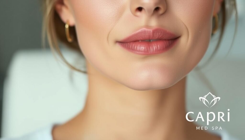 A close-up portrait of a female model's jawline, showcasing the results of Capri Med Spa's jawline filler treatment. The skin is smooth and youthful, with a well-defined, contoured jawline that transitions seamlessly into the neck. The lighting is soft and flattering, creating a gentle, spa-like atmosphere. The model's expression is relaxed and confident, reflecting the longevity and natural-looking effects of the fillers. The background is blurred, allowing the focus to remain on the subject's face and jawline. The Capri Med Spa logo is subtly displayed in the corner, indicating the source of the treatment. A close-up portrait of a female model's jawline, showcasing the results of Capri Med Spa's jawline filler treatment. The skin is smooth and youthful, with a well-defined, contoured jawline that transitions seamlessly into the neck. The lighting is soft and flattering, creating a gentle, spa-like atmosphere. The model's expression is relaxed and confident, reflecting the longevity and natural-looking effects of the fillers. The background is blurred, allowing the focus to remain on the subject's face and jawline. The Capri Med Spa logo is subtly displayed in the corner, indicating the source of the treatment.