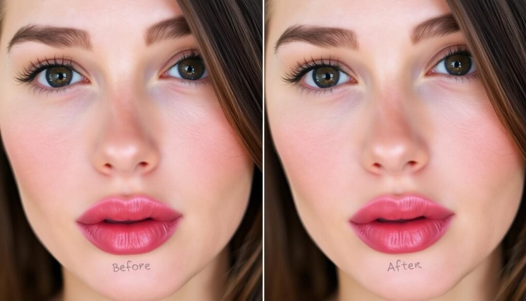 A close-up portrait of two young female faces side-by-side, showcasing a dramatic before and after transformation of plump, luscious lips. The before image depicts naturally thin lips, while the after image reveals fuller, more defined lips with a subtle, natural-looking enhancement. Soft, diffused lighting highlights the smooth, flawless skin and highlights the beautiful, symmetrical features. The subjects exude confidence and a radiant glow, highlighting the transformative results of the Capri Med Spa lip filler treatments in Sherman Oaks.