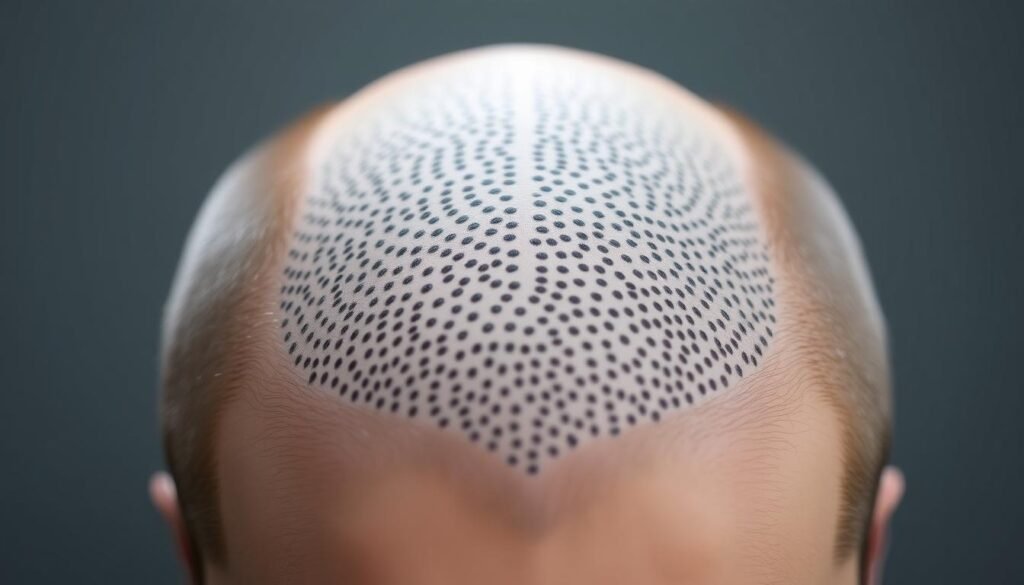 A close-up shot of a person's head, the scalp visible and gently illuminated, showcasing the natural-looking hair effects of Capri Med Spa's scalp micropigmentation treatment. The focus is on the top and crown area, with subtle lighting highlighting the intricate pattern of pigmented dots that mimic the appearance of real, healthy hair follicles. The image conveys a sense of confidence, naturalness, and the benefits of this advanced cosmetic procedure, helping to restore a full, youthful hairline.
