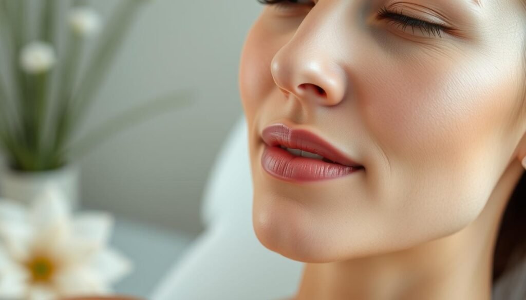 A close-up shot of a woman's face, showcasing the benefits of microneedling. In the foreground, her skin appears radiant and youthful, with a healthy glow accentuated by soft, directional lighting. The middle ground reveals the small, fine needles penetrating the skin, creating a subtle, controlled pattern. In the background, a blurred, serene setting evokes a sense of relaxation and rejuvenation. The overall mood is one of calm and tranquility, highlighting the rejuvenating effects of the Capri Med Spa microneedling treatment.