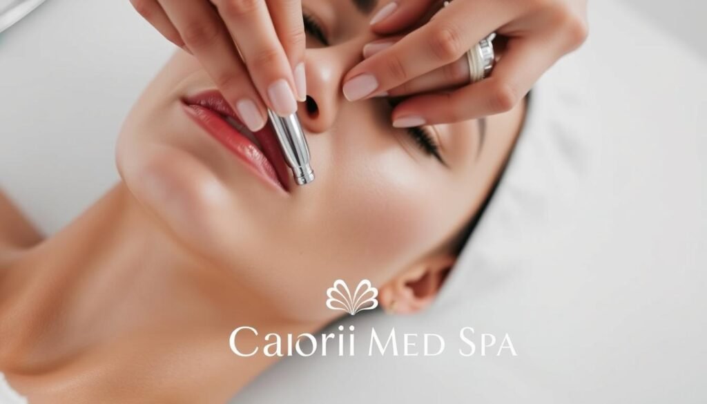 A close-up view of a hand performing a microdermabrasion treatment on a person's face, set against a clean, white background. The hand is gently gliding a metal wand across the skin, creating a gentle exfoliating effect. The person's face is relaxed, and their skin appears smooth and radiant. The lighting is soft and diffused, creating a calming, professional atmosphere. In the foreground, the Capri Med Spa logo is prominently displayed, indicating the setting of this treatment.