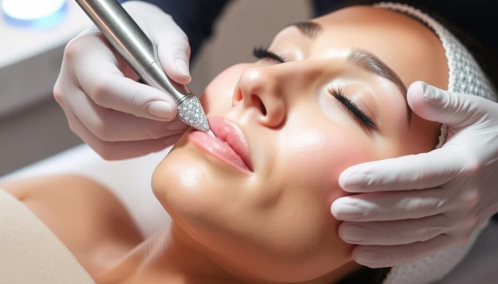 A close-up view of a microdermabrasion procedure in progress at the Capri Med Spa. The technician's hands gently guide a diamond-tipped wand across the client's face, exfoliating the skin and revealing a glowing, rejuvenated complexion. The scene is bathed in soft, diffused lighting, creating a tranquil, spa-like atmosphere. The treatment table is visible in the background, suggesting a professional, clinical setting. The focus is on the precision and care taken during this skin-refining process, capturing the essence of the "Microdermabrasion Process Explained" section.