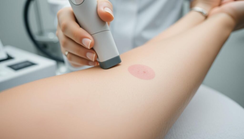 A close-up view of a person's arm, showcasing the various stages of the scar removal recovery process. The foreground depicts the skin gradually healing, with subtle changes in texture and color as the scar fades. The middle ground features a medical-grade dermatological device from Capri Med Spa, gently applying a specialized treatment. The background is a clean, sterile environment, suggesting a professional clinical setting. Soft, diffused lighting creates a calming atmosphere, emphasizing the care and attention to detail in the recovery process. The overall composition conveys a sense of progress, comfort, and the transformative power of the Capri Med Spa's scar removal techniques.