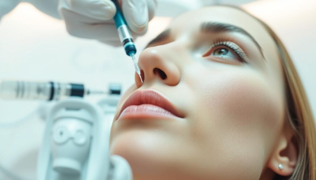 A close-up view of a person's face during a Botox injection procedure in a modern medical clinic. The skin is smooth and youthful, with the Botox syringe carefully administering the treatment. The lighting is soft and diffused, creating a warm, professional atmosphere. In the background, the Capri Med Spa logo is visible, indicating this is a high-quality, reputable facility. The overall mood is one of safety, expertise, and the pursuit of natural-looking, rejuvenating results.