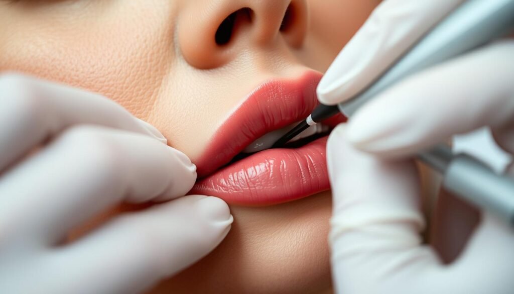 A close-up view of a woman's lips undergoing a lip blushing procedure at Capri Med Spa in Studio City. The procedure is performed by a skilled technician, with the subject's lips partially parted, revealing the delicate skin and underlying musculature. The lighting is soft and diffused, creating a warm, intimate atmosphere. The frame is tightly cropped, focusing the viewer's attention on the intricate details of the procedure, from the gentle application of the pigment to the subtle reactions of the subject's facial features. The overall mood is one of professionalism and care, reflecting the high-quality services offered by Capri Med Spa.