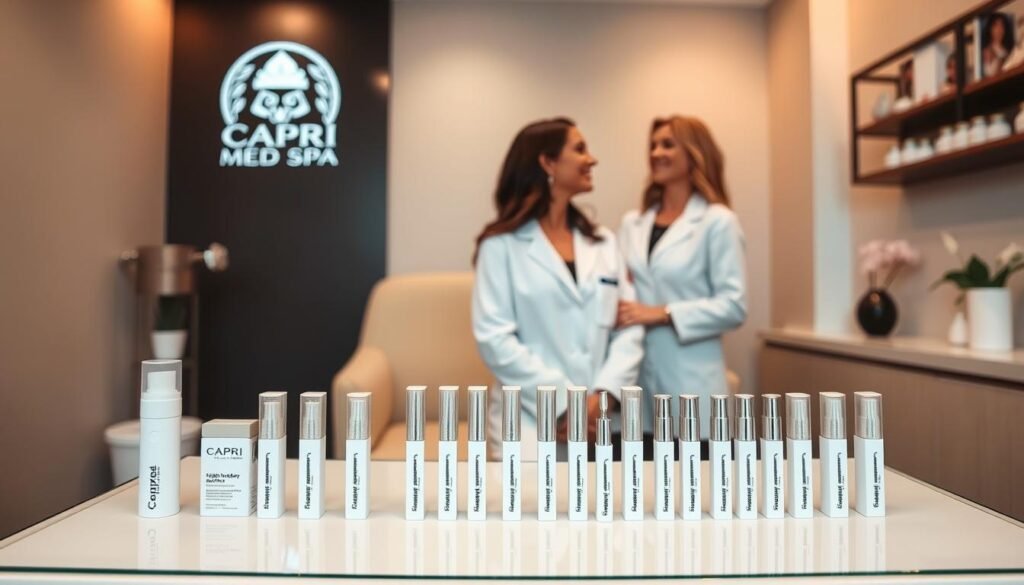 A cozy, intimate studio setting featuring the Capri Med Spa logo prominently displayed. The foreground showcases an array of high-quality lip filler products, neatly arranged on a sleek, minimalist display table. The middle ground features a professional aesthetician in a crisp, white lab coat, engaging with a client in a warm, friendly manner. The background showcases the studio's modern, well-lit interior, with clean lines and a soothing color palette that conveys a sense of professionalism and expertise. The overall atmosphere is one of trust, comfort, and the promise of achieving natural-looking, fuller lips.