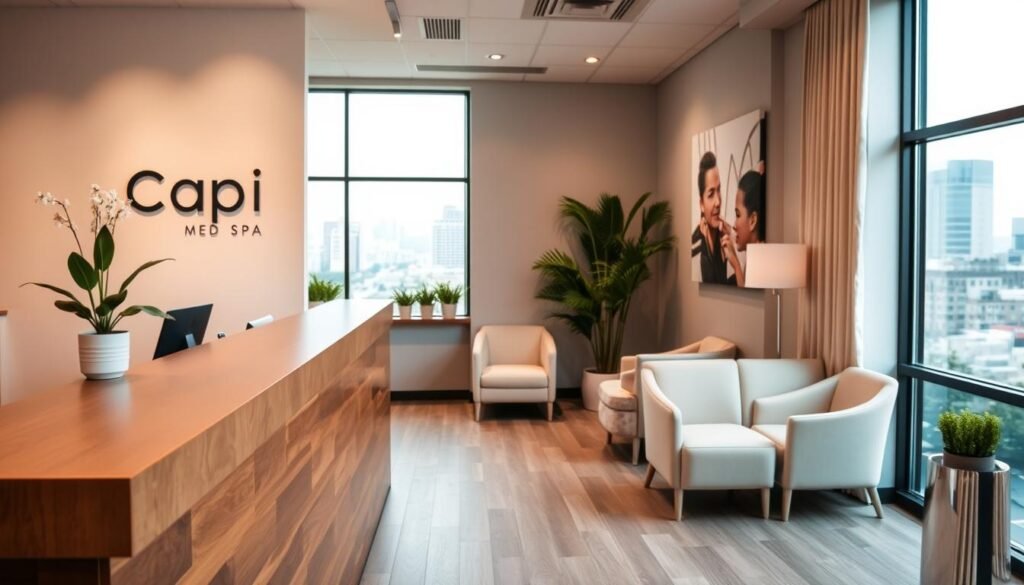 A cozy, modern med spa interior with the Capri Med Spa brand prominently featured. The foreground showcases a sleek, minimalist reception desk with a warm wood finish and a potted plant. The middle ground features comfortable waiting area seating in soft neutral tones, creating a calming ambiance. The background highlights a floor-to-ceiling window, allowing natural light to flood the space and offering a glimpse of the vibrant Studio City cityscape beyond. The lighting is soft and diffused, evoking a sense of relaxation and wellbeing. The overall atmosphere conveys a perfect blend of professionalism, safety, and tranquility that reflects the Capri Med Spa brand.