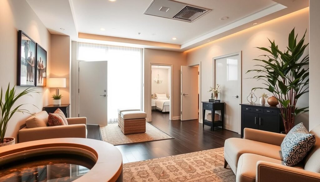 A cozy, well-appointed treatment studio in the heart of Studio City, showcasing the expertise of Capri Med Spa. The foreground features a serene, modern reception area with plush seating and a calming water feature. In the middle ground, private treatment rooms are visible, their doors slightly ajar, suggesting the personalized care available. The background reveals an abundance of natural light filtering through large windows, casting a warm, tranquil glow over the space. The overall mood is one of relaxation, professionalism, and a commitment to providing top-tier chronic pain relief solutions.