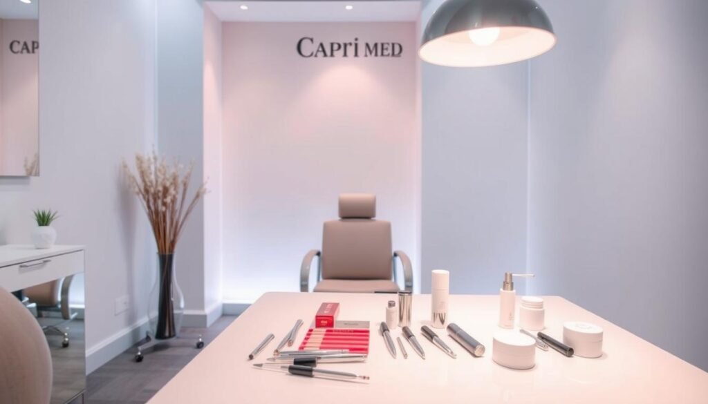 A cozy, well-lit studio space at Capri Med Spa, with a serene ambiance and modern aesthetic. In the foreground, a sleek table displays various lip blushing tools and products, neatly arranged. The middle ground showcases a comfortable chair, ideal for clients undergoing the lip blushing procedure. The background features soothing pastel walls, complemented by soft, diffused lighting that creates a calming, professional atmosphere. The overall composition conveys a sense of tranquility and expertise, perfectly suited for the "Frequently Asked Questions About Lip Blushing" section.