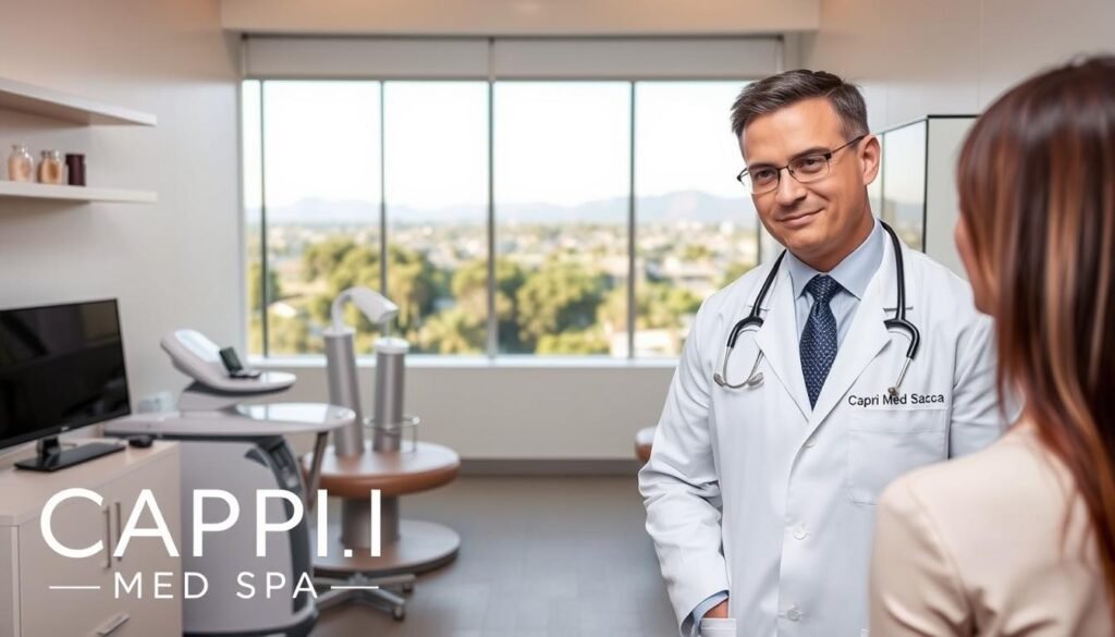 A dermatologist's office in Sherman Oaks, with Capri Med Spa branding prominently displayed. The foreground features a well-dressed dermatologist, in a white coat, consulting with a patient. The middle ground showcases sleek, modern medical equipment and a soothing, minimalist decor. The background depicts a panoramic view of the Sherman Oaks neighborhood, with lush trees and a hint of the nearby mountains. The lighting is soft and natural, creating a welcoming and professional atmosphere. The scene conveys expertise, care, and the ability to address the patient's skin concerns effectively.