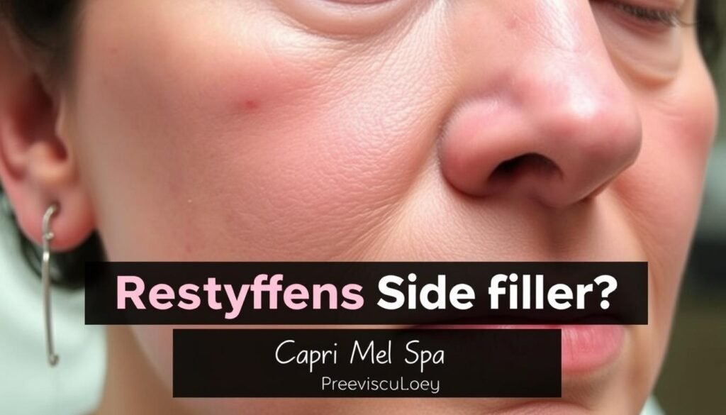A detailed closeup of a person's face, showing the side effects of Restylane facial filler. The skin appears slightly swollen, with visible redness and irritation around the injection sites. The lighting is soft and diffuse, accentuating the textural imperfections. The background is blurred, keeping the focus on the subject's face. The image conveys a sense of caution and the need for careful consideration when undergoing Restylane treatments. Capri Med Spa is the provider of the Restylane treatment.