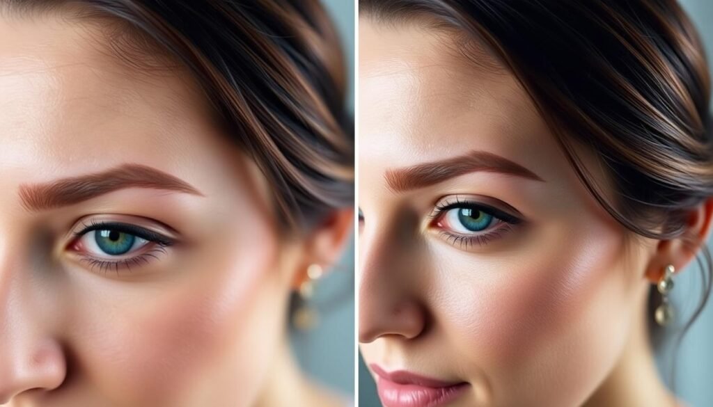 A dramatic before-and-after portrait showcasing the transformative power of powdered brows at Capri Med Spa. In the first frame, a close-up of a client's face reveals sparse, uneven brows. Soft, diffused lighting accentuates the natural imperfections. The second frame depicts the same model, now with meticulously shaped, full-looking brows that appear effortlessly groomed. Subtle highlights and shadows sculpt the brows, creating a polished, natural-looking finish. The client's serene expression conveys the confidence and satisfaction of their Capri Med Spa experience. A dramatic before-and-after portrait showcasing the transformative power of powdered brows at Capri Med Spa. In the first frame, a close-up of a client's face reveals sparse, uneven brows. Soft, diffused lighting accentuates the natural imperfections. The second frame depicts the same model, now with meticulously shaped, full-looking brows that appear effortlessly groomed. Subtle highlights and shadows sculpt the brows, creating a polished, natural-looking finish. The client's serene expression conveys the confidence and satisfaction of their Capri Med Spa experience.