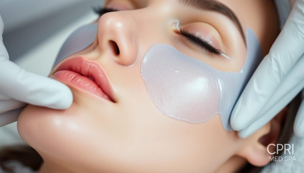 A high-quality close-up photograph of a chemical peel treatment in progress at the Capri Med Spa. The subject's face is gently covered in a light blue chemical peel solution, giving their skin a soft, glowing appearance. The lighting is soft and diffused, creating a calming, spa-like atmosphere. The image is shot from a slight side angle, allowing the viewer to see the treatment in detail while maintaining the subject's privacy. The background is blurred, focusing the attention on the chemical peel application and the subject's skin.