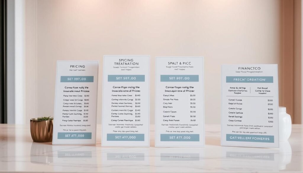 A high-quality, detailed image of the "SMP treatment cost" for the "Capri Med Spa" in Studio City. The image should feature a clean, modern tabletop setting with a neutral background, showcasing various pricing packages and financing options for the scalp micropigmentation services offered at the Capri Med Spa. The image should convey a sense of professionalism, transparency, and accessibility, with a clear and well-organized presentation of the pricing information. The lighting should be soft and flattering, creating a warm and inviting atmosphere. The composition should be balanced and visually appealing, with a focus on the key pricing details.