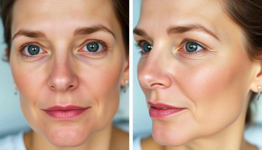 A high-quality, realistic before-and-after image set showcasing the results of microdermabrasion treatments at Capri Med Spa. In the first frame, a close-up of a person's face shows visible signs of sun damage, fine lines, and uneven skin tone. The second frame depicts the same person's face after the treatment, with smoother, more radiant, and youthful-looking skin. The lighting is soft and flattering, emphasizing the skin's improved texture and glow. The angles and composition draw the viewer's attention to the dramatic transformation. The overall mood is one of wellness, confidence, and the transformative power of Capri Med Spa's microdermabrasion services.
