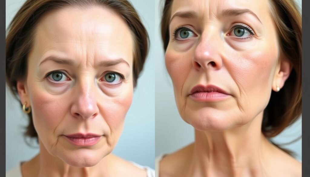 A high-resolution before-and-after image of Sculptra treatments at Capri Med Spa in Studio City. The before image shows the patient's face from a frontal view, with mild skin laxity and volume loss. The after image depicts the same patient's face several weeks later, showcasing a more youthful, lifted appearance with improved facial contours. The lighting is natural and flattering, captured with a DSLR camera at eye level. The background is a simple, clean studio setting that allows the subject's features to be the focal point. The mood is one of transformation and rejuvenation, reflecting the desired outcomes of Sculptra injections performed at Capri Med Spa.