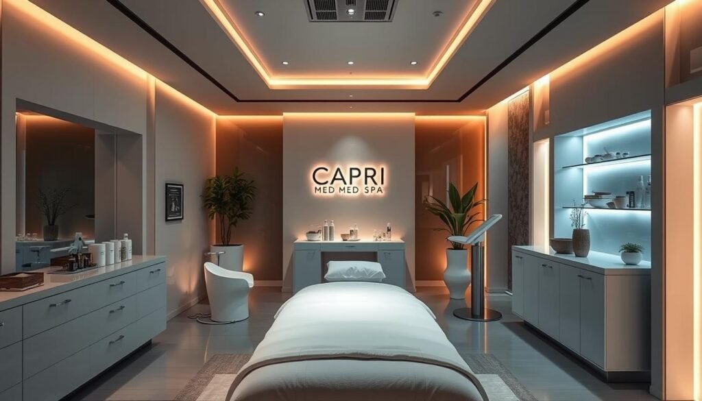 A luxurious Capri Med Spa interior, dimly lit with warm, soft lighting. The pristine, contemporary space is adorned with sleek, minimalist furnishings and accents of natural materials. In the foreground, a modern chemical peel treatment table takes center stage, surrounded by state-of-the-art skincare equipment and products. The middle ground features a serene, relaxing atmosphere, with a calming ambiance that evokes a sense of tranquility and rejuvenation. In the background, subtle architectural details and soothing, nature-inspired decor create a harmonious, spa-like environment. The overall scene conveys a high-end, professional setting for a top-rated chemical peel experience in Sherman Oaks.