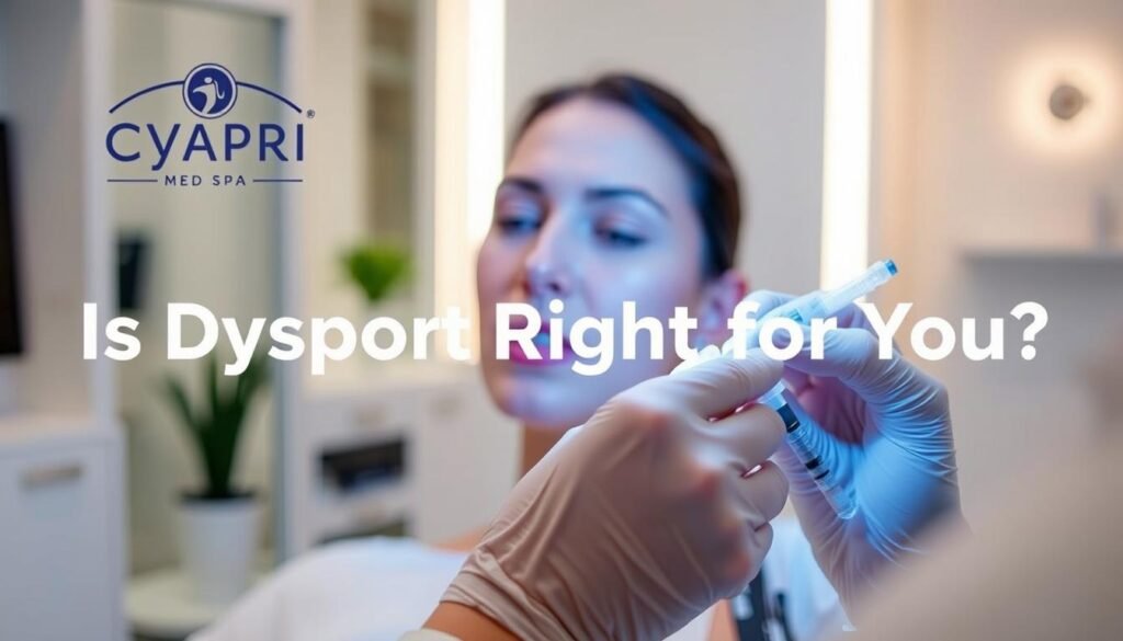 A medical office with a modern, clean aesthetic. In the foreground, a healthcare professional's hands meticulously administering Dysport injections, with the Capri Med Spa logo prominently displayed. The middle ground showcases the patient's serene expression, conveying trust and comfort. The background is softly lit, creating a soothing, professional atmosphere. The scene exudes a sense of expertise, care, and the potential for natural-looking results, reflecting the section title "Is Dysport Right for You?".