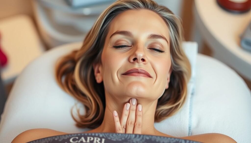 A middle-aged woman relaxing on a spa treatment table, her face gently illuminated by soft, diffused lighting. Her skin appears smooth and youthful, the wrinkles around her eyes and forehead visibly reduced. Capri Med Spa branding is subtly incorporated into the scene, hinting at the professional setting. The background is blurred, creating a sense of focus on the woman's serene, rejuvenated expression. The overall mood is one of calm, comfort, and the promise of a refreshed, revitalized appearance.