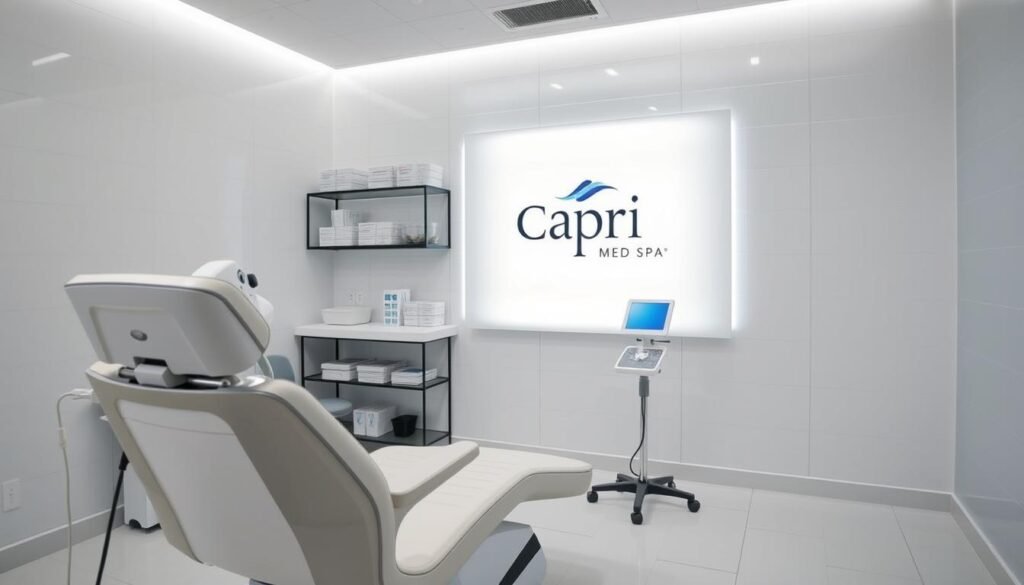 A minimalist medical setting with state-of-the-art vein treatment equipment at Capri Med Spa in Sherman Oaks. The foreground features a sleek, modern treatment chair with adjustable lighting and a high-tech display screen. In the middle ground, there are shelves stocked with medical supplies and a large, backlit wall panel showcasing the Capri Med Spa brand. The background has a clean, sterile white tile wall and floor, with subtle shadows creating a sense of depth and professionalism. The lighting is bright and evenly distributed, creating a calming, clinical atmosphere. The overall scene conveys a sense of advanced, specialized vein treatment in a welcoming, state-of-the-art medical setting.