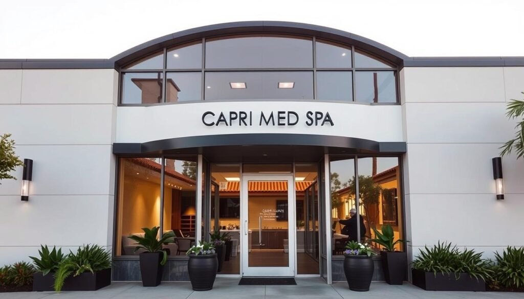 A modern, inviting exterior of Capri Med Spa in Studio City, California. The building has a sleek, minimalist design with large windows that allow natural light to flood the space. The front entrance is flanked by lush greenery and planters, creating a serene, spa-like ambiance. The signage is discreet and elegant, showcasing the Capri Med Spa brand. The scene is captured at the golden hour, casting a warm, soft light over the scene. The overall atmosphere is calming and professional, reflecting the high-quality cosmetic dermatology services offered within.